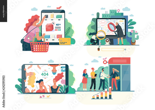 Business series set, color 1 -modern flat vector concept illustrated topics - buy online shop, search page, error 404, partners. Creative landing web page design template