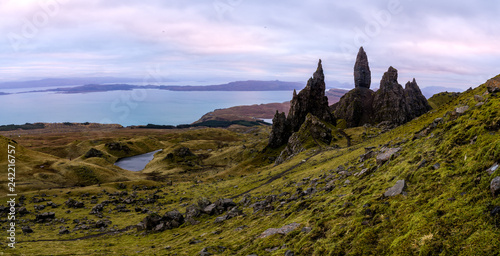 Sunset panorama of rugged volcanic landscape around Old Man of Storr, Isle of Skye, Scotland