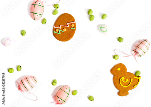 Easter cookies and decoration egg on white background with copy space. Easter holiday concept. Flat lay pattern