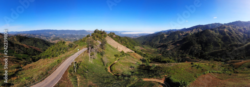 Panorama drone shot aerial view landscape of mountain and nature against blue sky