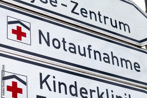 German accident and emergency department sign stands on a street. Notaufnahme is the german word for accident and emergency department.