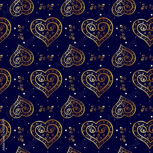 Shiny hearts on a blue background. seamless pattern. Vector illustration