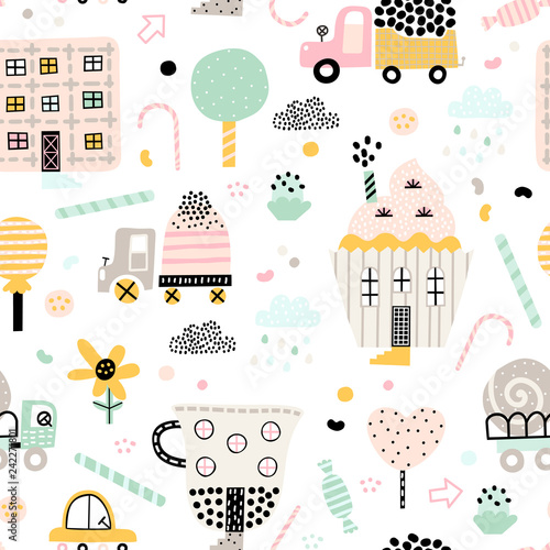 Cute childish seamless pattern with sweet buildings, transport and other sweetness. Good for kids fabric, textile, nursery wallpaper. Seamless city landscape. Scandinavian style