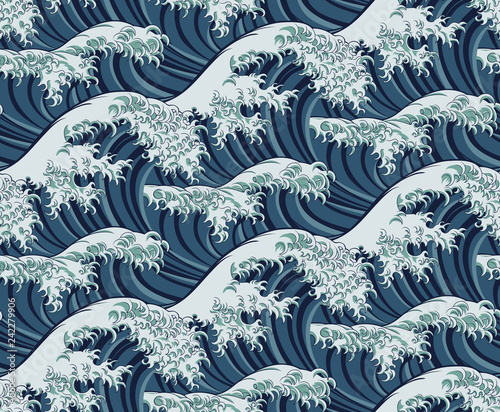 A Japanese great wave pattern print seamless background illustration 