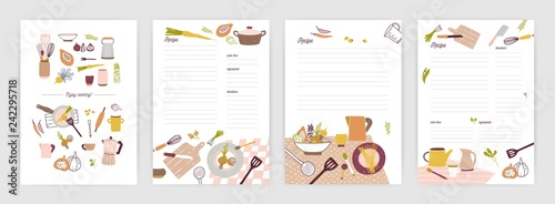 Collection of recipe card or sheet templates for making notes about meal preparation and cooking ingredients. Empty cookbook pages decorated with colorful crockery and vegetables. Vector illustration.