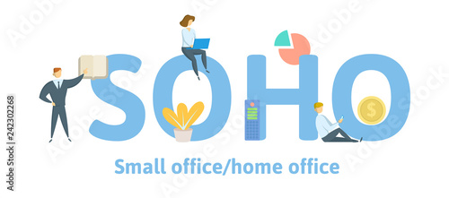 SOHO, Small Office - Home Office. Concept with keywords, letters and icons. Colored flat vector illustration. Isolated on white background.