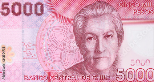 Chilean 5000 peso (2009) banknote. Chile money currency close up. Chile economy.