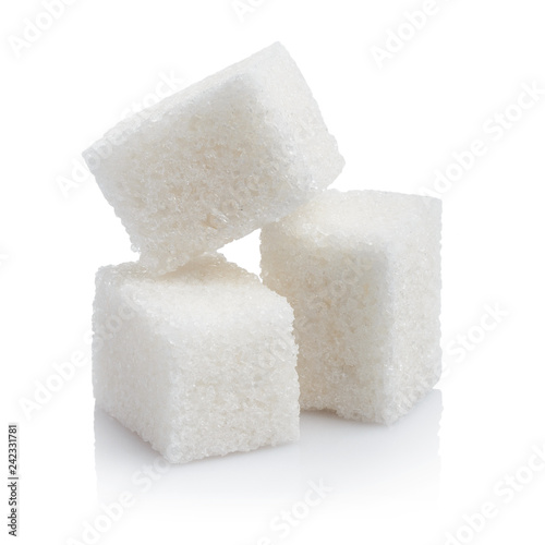 Close-up of three white sugar cubes, isolated on white background
