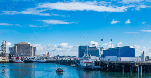 Boats docked at the marina of Keroman-La Base, Lorient, Brittany, France. Horizontal view.