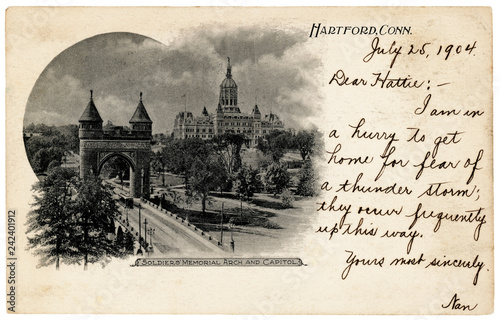 A 1904 postcard with beautiful handwriting. Vintage photographs show Hartford, Connecticut, in the early 20th century. Writer mentions changing weather, a recognized aspect of Connecticut living