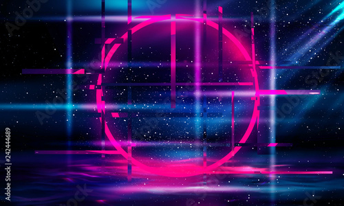 An illuminated circle with glitch and neon effect. Glow Design for Graphic Design - Banner, Poster, Flyer, Brochure, Card. 
