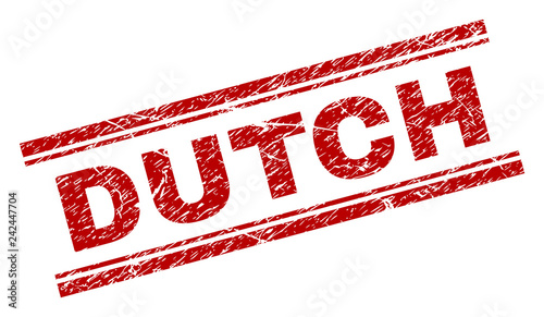DUTCH seal watermark with grunge texture. Red vector rubber print of DUTCH tag with scratched texture. Text tag is placed between double parallel lines.