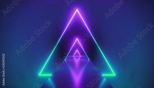 3d render, neon light triangle, virtual reality, triangular esoteric portal, tunnel, corridor, ultraviolet abstract background, laser show stage, fashion catwalk podium, road, way, floor reflection