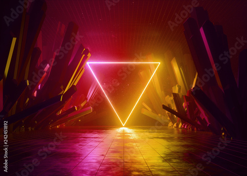 3d render, abstract background, cosmic landscape, triangular portal, fire red neon light, virtual reality, energy, glowing triangle, dark space, infrared spectrum, laser triangle, rocks, ground