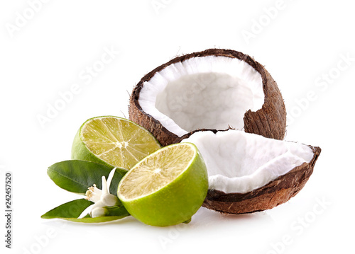 Coconut with limes on the white background