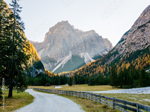 Autumn sunset in Dolomites mountains South Tyrol