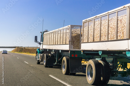 Truck delivering harvested onion on the interstate, California