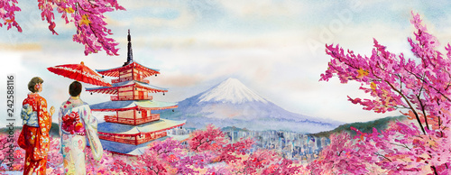 Famous landmarks of Japan in spring.
