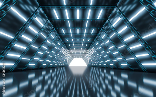 Illuminated corridor tunnel with light. 3d rendering