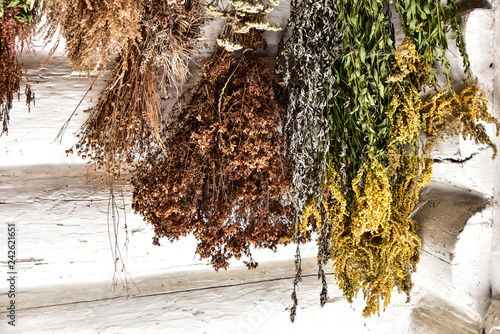 Rustic still life with dried flowers and herbs