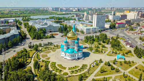 The Cathedral of the Assumption of the Blessed Virgin Mary, panoramic views of the city. Omsk, Russia, From Dron