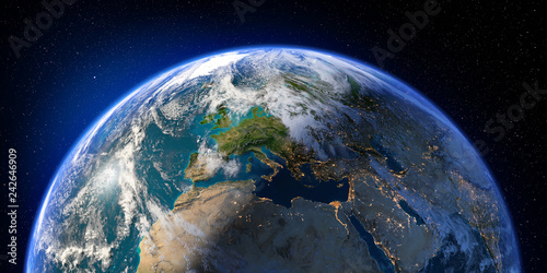 Planet Earth with detailed relief and atmosphere. Day and Night. Europe, North Africa and Middle East. 3D rendering. Elements of this image furnished by NASA