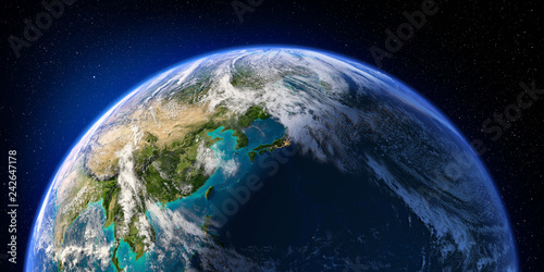 Planet Earth with detailed relief and atmosphere. Day and Night. Pacific Ocean. Japan, China. 3D rendering. Elements of this image furnished by NASA