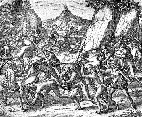 conquest of the Inca empire by Spanish conquistador Francisco Pizarro in XVI century: cruelty and abuse of slave aborigines by the Spanish army on the road to Peru