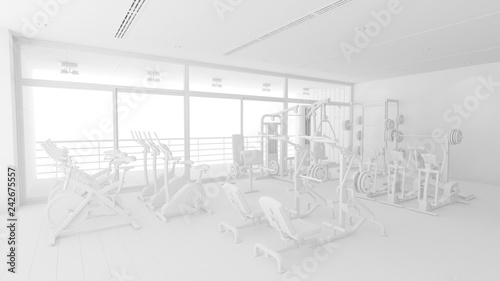 Fitnesscenter mit Geräten ganz in weiß