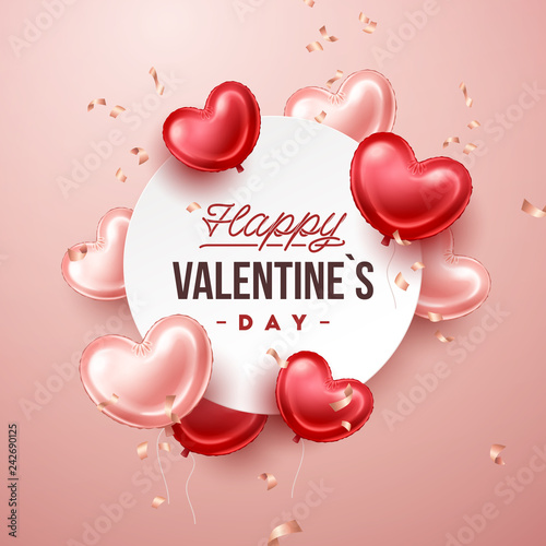 Valentines Day banner with heart shaped balloons. Holiday vector illustration banner