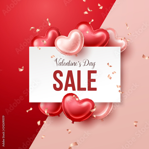 Valentines Day sale banner with heart shaped balloons. Vector illustration sale banner