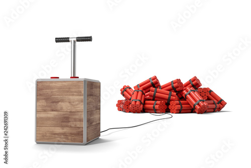 3d rendering of tnt dynamite sticks with detonator box isolated on white background.
