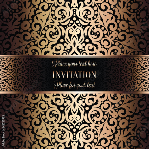 Gold Wedding Invitation card template design with damask pattern on background. Tradition decoration for wedding in baroque style