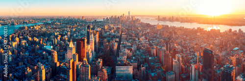 Amazing aerial panoramic view of Manhattan with sunset