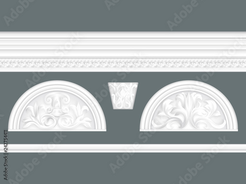 White classic relief and cornice set isolated, architectural elements set