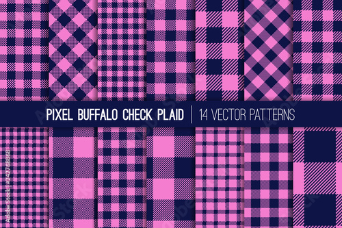 Navy Blue and Pink Buffalo Check Plaid Vector Pixel Patterns. Flannel Shirt Textile Prints. Trendy Fashion Check Textures. Hipster Style Backgrounds. Repeating Pattern Tile Swatches Included.