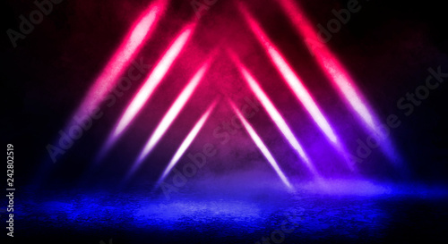 Dark background of the street, thick fog, spotlight, blue and red neon. Abstract background with neon lights, night view.