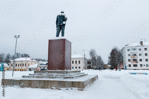 The view from the back of the monument to Lenin on Lenin Square in Veliky Ustyug in winter