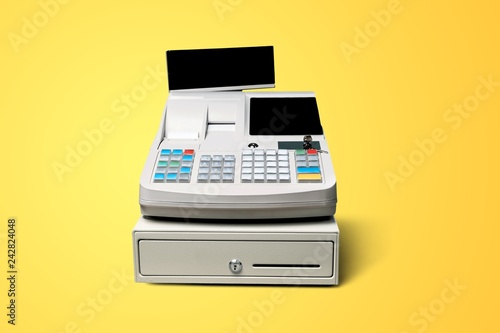 Cash register with LCD display on background