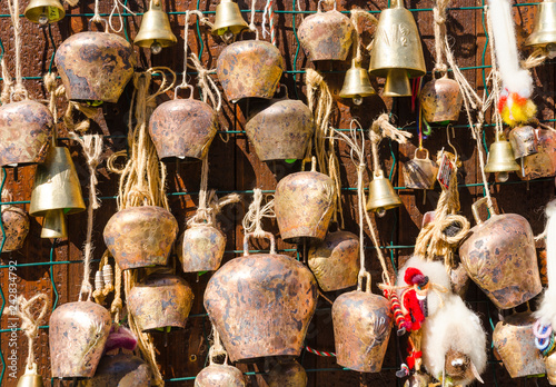 Traditional bulgarian bells for cattle in a souvenir shop in Bozhentsi village