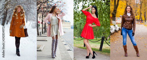 Collage of various young girls in trendy seasonal clothes