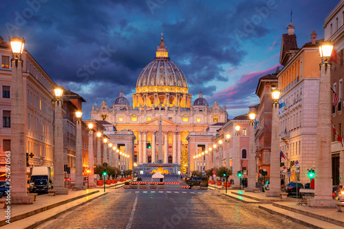 Rome, Vatican City. Cityscape image of illuminated Saint Peter`s Basilica and Street Via della Conciliazione, Vatican City, Rome, Italy.