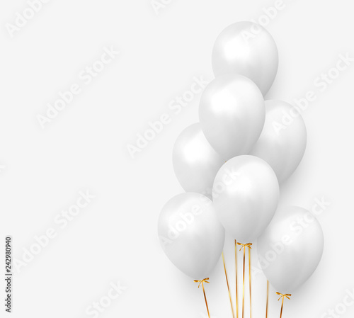 Balloons group with gold ribbon realistic. 3d ballon isolated on white background