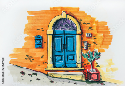 Sketch drawing of bright blue door by markers illustration