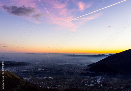 sunset in the low land of Schio with the Berici hills of Vicenza