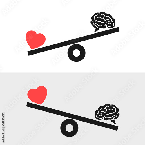 Balance between irrational love, emotions, feelings, heart and rational reason, brain. Rationality and rationalism against irrationality and irrationalism. Vector illustration