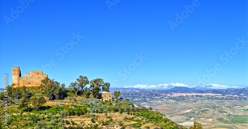 Beautiful View of Mazzarino Medieval Castle with Barrafranca and the Madonie Mountains in the Background, Caltanissetta, Sicily, Italy, Europe