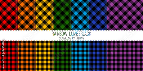 rainbow colored dark lumberjack vector seamless pattern set