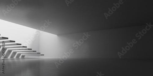 3D stimulate of concrete interior space with sun light cast the stair shadow on the wall and floor,Perspective of minimal design architecture,3d rendering 