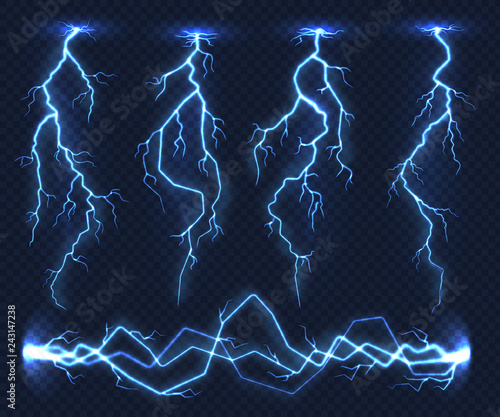 Realistic lightnings. Electricity thunder light storm flash thunderstorm in cloud. Nature power energy charge, thunder shock in set